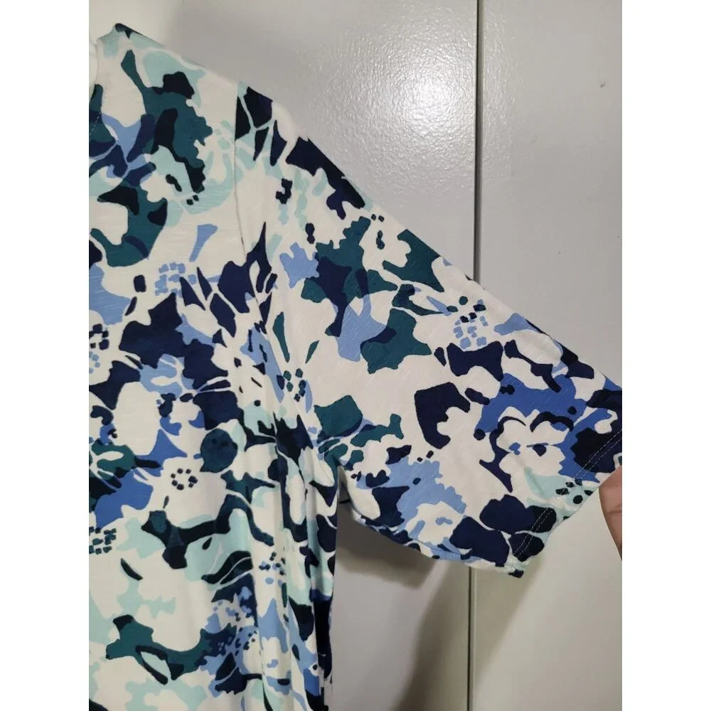 J Jill Women's LG Dress Floral Ruffle Short Sleeve Stretch Blue White Pockets - Picture 3 of 7